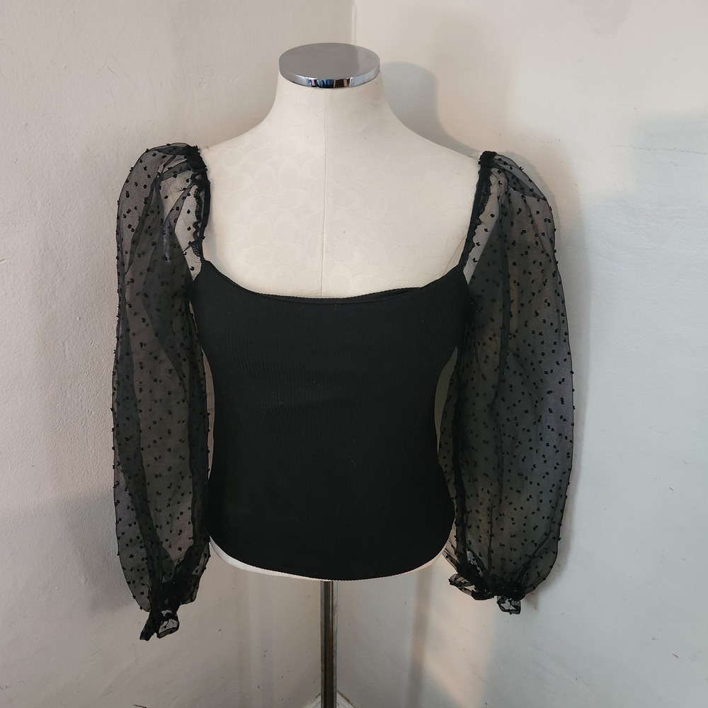 Vestique Black Swiss Dot‎ Sleeve Top Women's Size Large